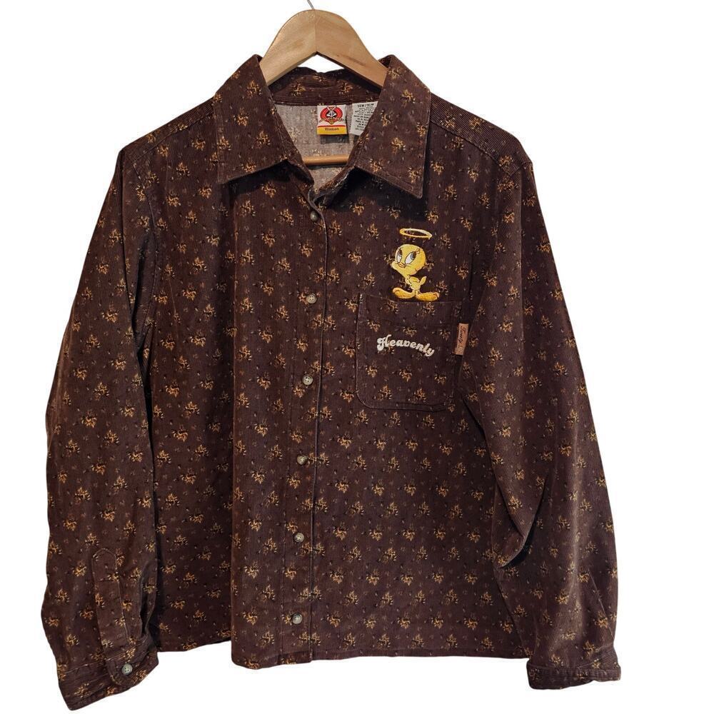 Vtg Looney Toons Tweety Bird Corduroy Blouse Womens 14W/16W Brown Floral 90s